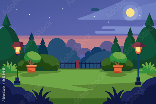 Starry night vector landscape with a cartoon castle, trees, and moonlit sky