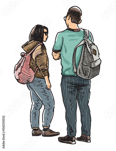 Couple casual modern young tourists people standing and talking outdoors,  hand drawn vector illustration isolated on white background