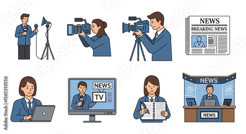Illustration showing various news media professionals and formats of news broadcasting and reporting