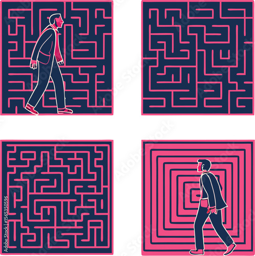 Businessmen navigate complex maze challenges, finding solutions and paths to success