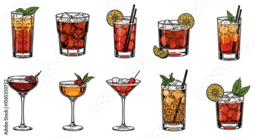Illustration of ten different cocktails with various garnishes in tall and short glasses on white