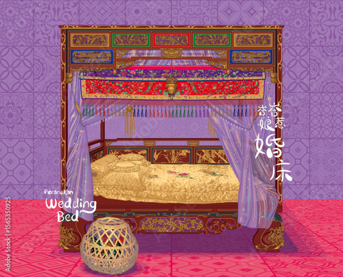 Peranakan Wedding Bed Illustration. Translation: (Chinese) Peranakan Wedding Bed