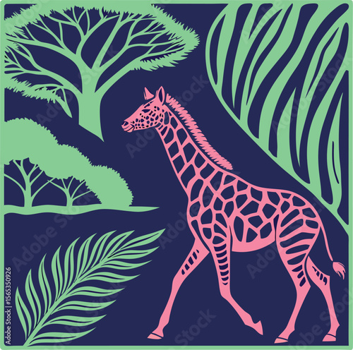 Giraffe graphic with tropical trees, leaves, and abstract shapes creates a safari atmosphere
