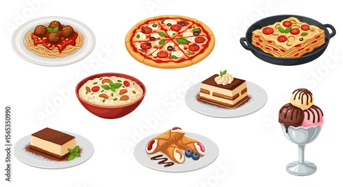 Assortment of italian cuisine dishes including pasta pizza lasagna and various desserts on plates view