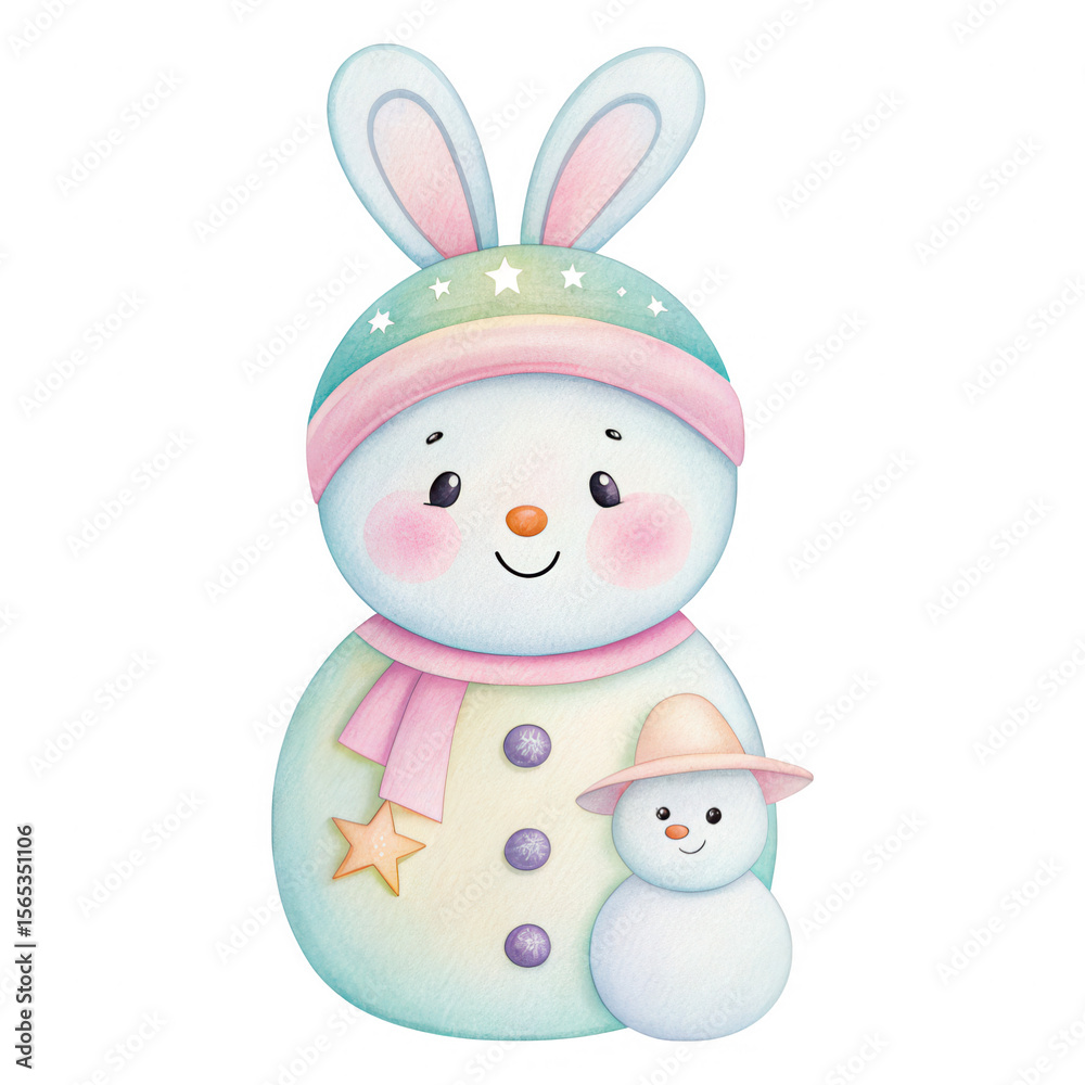 Obraz premium Cute snowman with bunny ears and small snowman wearing a hat in soft pastel colors