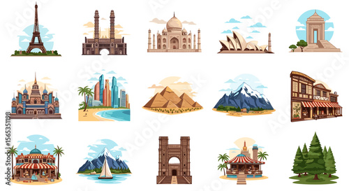 Collection of famous landmarks and travel destinations from around the world in cartoon style design