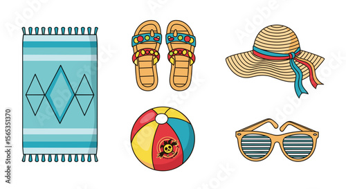 Illustration of a beach towel, sandals, hat, beach ball, and sunglasses on a white background