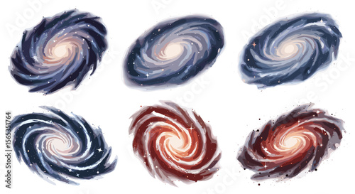 Collection of six watercolor style galaxy illustrations with swirling arms and bright center