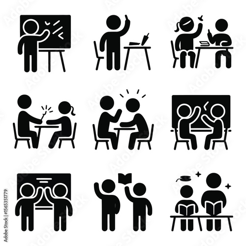 Solid filled classroom teaching icons set with teacher pointing, student raising hand, group study