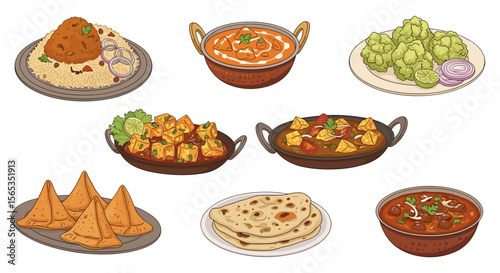 Assortment of indian dishes including biryani curry samosas and naan bread displayed together on a white background