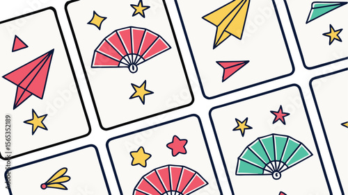 Playful cards graphic features origami planes, fans and stars for creative designs