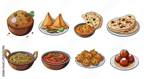 Illustration of various indian dishes including biryani samosas naan and gulab jamun on white background