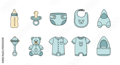 Illustration of baby essentials including bottle, pacifier, diaper, bib and clothing items shown in a row