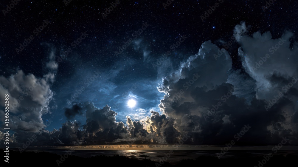 Obraz premium Night scene with moon shining through clouds reflecting on water.