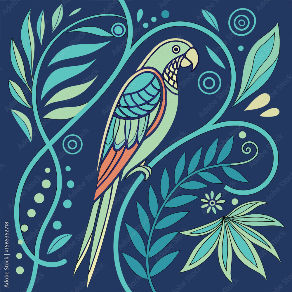 Fototapeta premium Colorful Parrot in Decorative Jungle Foliage – Stylized Vector Illustration with Tropical Leaves and Floral Elements