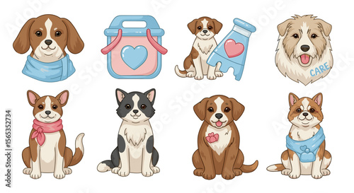 Collection of cartoon dogs with various accessories and care items in a colorful design style