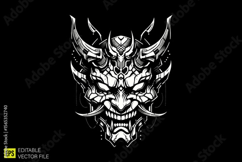 oni mask head illustration dark art scary creepy style tattoo vector black and white background templates