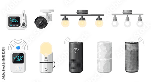 A collection of smart home devices including security cameras baby monitors and smart speakers on display