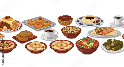 An array of middle eastern cuisine including hummus, salad, sweets, and a wrap displayed on plates
