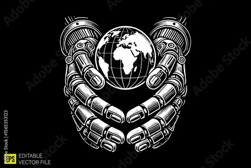 robot holding globe  illustration dark art scary creepy style tattoo vector black and white background templates
