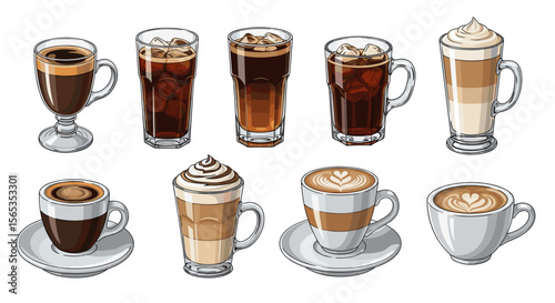 An assortment of coffee drinks in various glasses and mugs with different styles and presentations