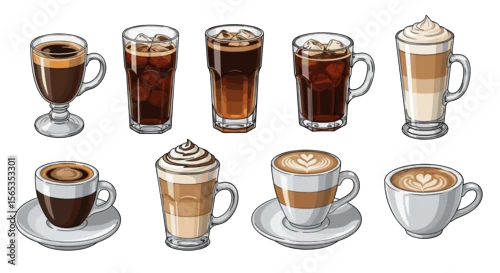 Fototapeta samoprzylepna An assortment of coffee drinks in various glasses and mugs with different styles and presentations