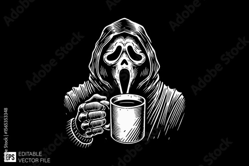 scary hand holding mug coffee  illustration dark art scary creepy style tattoo vector black and white background templates
