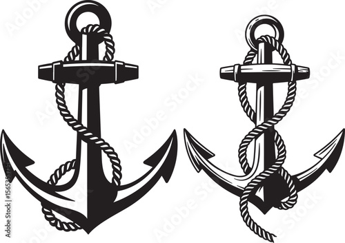 Nautical anchor and rope silhouette vector illustration
