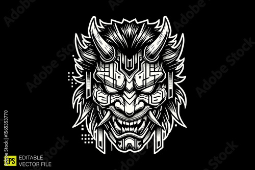 oni mask head illustration dark art scary creepy style tattoo vector black and white background templates