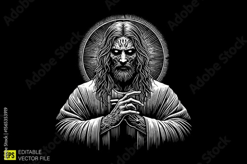 jesus christ head  illustration dark art scary creepy style tattoo vector black and white background templates