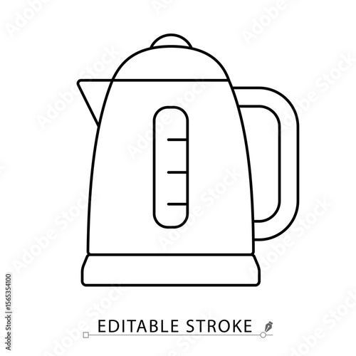 An electric kettle icon in minimalist style with editable stroke. Kitchen appliance, hot water maker, tea preparation, household device, modern cookware, outline object, vector line illustration.