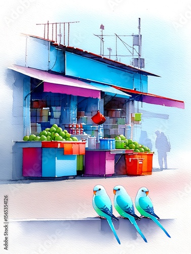 Vibrant street market scene with parakeets