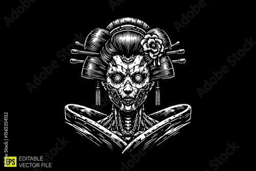 geisha mythology  illustration dark art scary creepy style tattoo vector black and white background templates