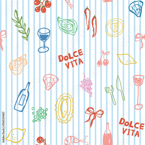 Blue striped Mediterranean summer vacation seamless pattern. Cute Italian food, wine, tomatoes, bow, oysters, grapes, dolce vita. Vector repeat background, textile design, wallpaper print