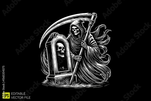 grim reaper  illustration dark art scary creepy style tattoo vector black and white background templates
