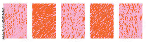 Funky vector doodle sketch set. Orange pink abstract scribbles with wavy crayon lines. Hand drawn messy textures for kids art. Twisted chaotic backgrounds with expressive scrawl stripe design