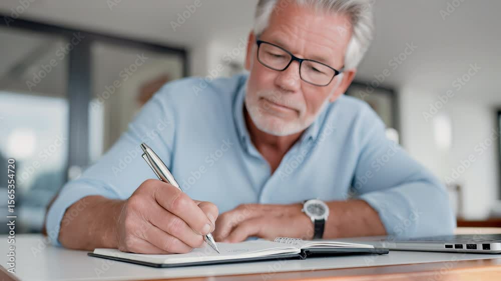 Thoughtful Senior Man Writing in Modern Office. Video featuring a focused mature man taking notes in a notebook, surrounded by a contemporary office environment.