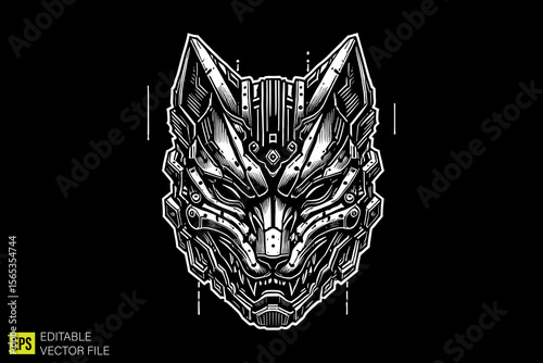 oni mask head illustration dark art scary creepy style tattoo vector black and white background templates