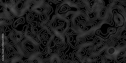 abstract topographic map with white contour lines and black background depicting abstract terrain and elevation patterns.