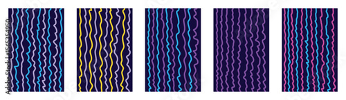 Groovy vector childlike line patterns. Wiggly colorful stripes with organic hand drawn warped lines. Funky squiggle kids art design. Bright deformed wave backgrounds with abstract retro maze texture.