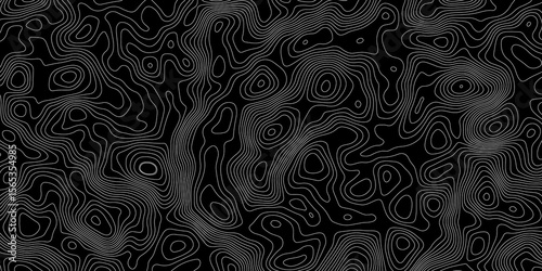 abstract topographic map with white contour lines and black background depicting abstract terrain and elevation patterns.