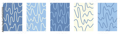 Wiggly child doodle vector pattern set with soft pastel blue cream backgrounds. Irregular funky hand drawn flowing wavy lines. Groovy organic motion distorted abstract art elements on transparent