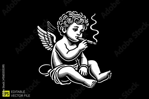 cupid holding cigar  illustration dark art scary creepy style tattoo vector black and white background templates