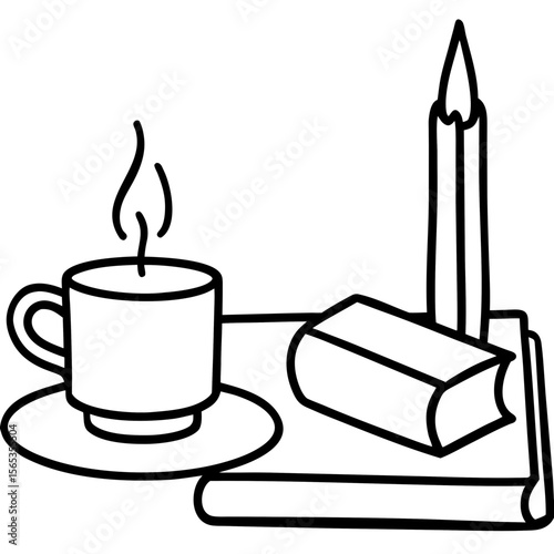 Candle, journal, and tea cup on wooden table