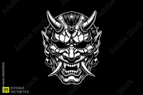 oni mask head illustration dark art scary creepy style tattoo vector black and white background templates