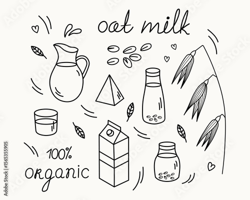 Oat Milk doodle with oats branch, seeds, glass paper bottles with dairy product. Hand drawn clip art with vegetable organic milky products for label, logo. Design lactose free vegetarian cereal drink