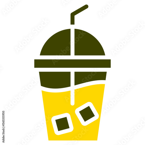 Iced Beverage Glyph Silhouette Yellow Dual Tone Icon Vector Design - Cold drink in a takeaway cup with straw and ice cubes, suitable for smoothies or iced coffee