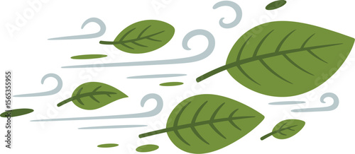 Illustration of green leaves and wind swirls on a white background depicting a windy day outdoors