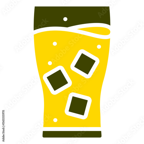 Sparkling Drink Glyph Silhouette Yellow Dual Tone Icon Vector Design - Fizzy drink in a tall glass with ice cubes, representing soda or carbonated beverages