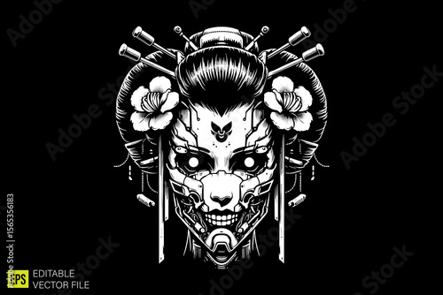 geisha mythology  illustration dark art scary creepy style tattoo vector black and white background templates